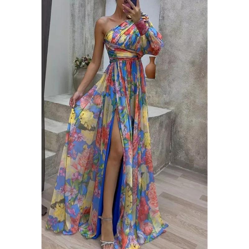 Summer women's casual off-shoulder long sleeve waist tie dress, slant ...