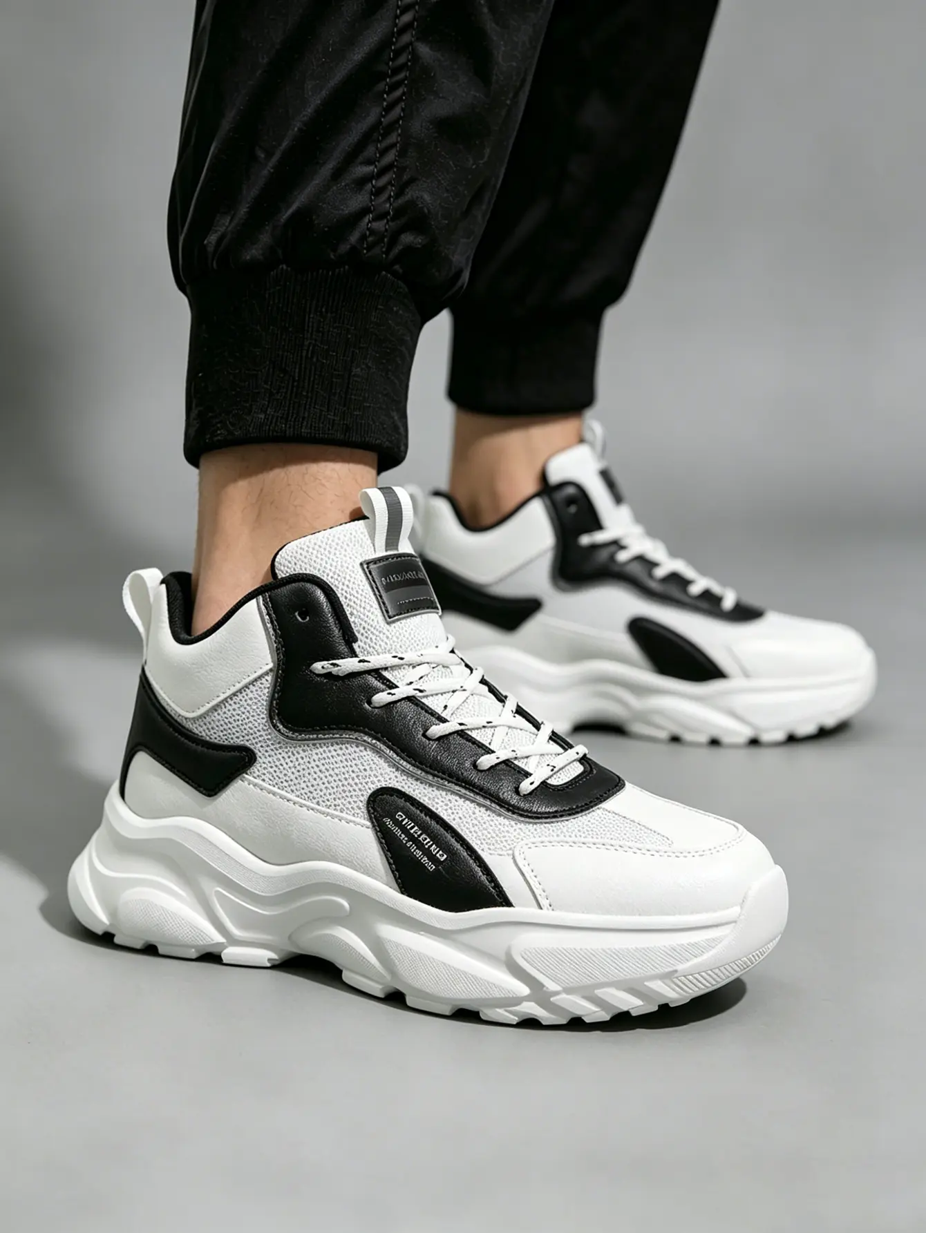 Men's Black and White Dad Sneakers, Mid-Top Chunky Platform Shoes in Faux Leather and Mesh with Cushioned EVA Foam and Non-Slip Ankle Support, Color Block, All Seasons, Affordable Fashion