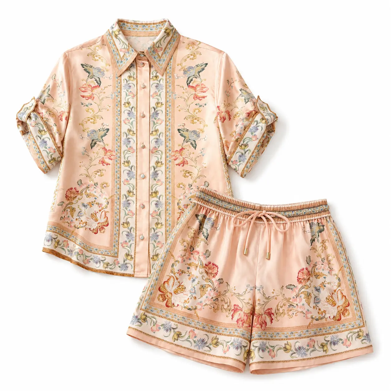 Women's 100% Silk Floral 2-Piece Set - Rococo Tapestry Print Button-Down Short-Sleeve Shirt & Drawstring Shorts, Luxury Relaxed Matching Outfit for Resort Wear, Vacation, Summer Events
