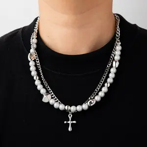 Korean Style Unisex Hip Hop Titanium Steel Necklace with Minimalist Double Layered Pearl Pendant