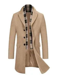 Men's Wool Blend Coat with Detachable Plaid Scarfs Notched Collar Single Breasted Pea Coat Trench Overcoat black friday