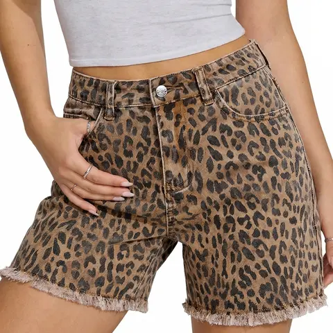 luvamia Jean Shorts for Women Trendy High Rise Mid Thigh Cheetah Leopard Print Raw Hem Stretch Denim Casual Summer Jorts