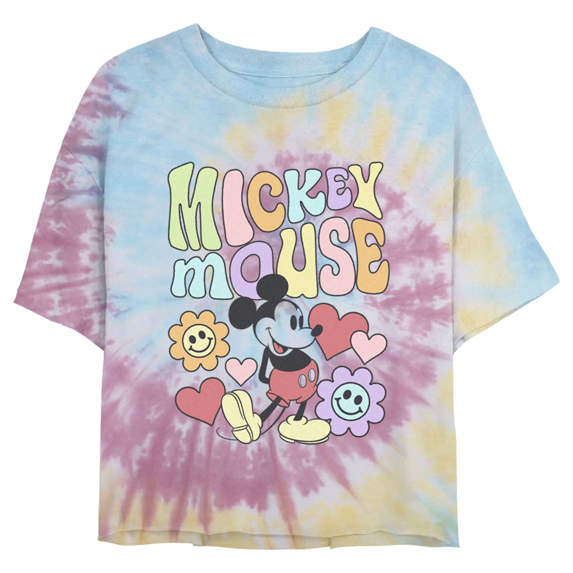 Juniors Womens' Mickey & Friends Groovy Hearts and Smilies Logo Cropped T-Shirt