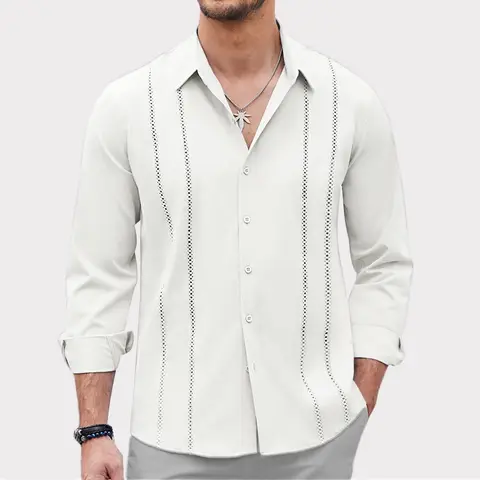 B Mens Cuban Guayabera Shirt Casual Button Down Shirts Long Sleeve Summer Beach Shirts Premium Rayon Fabric Breathable Soft Skin Friendly