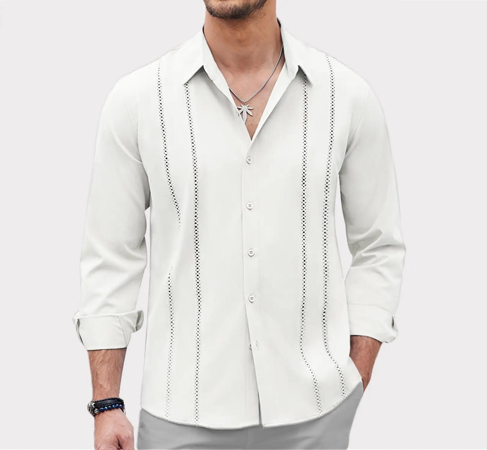 Mens Cuban Guayabera Shirt Casual Button Down Shirts Long Sleeve Summer Beach Shirts Premium Rayon Fabric Breathable Soft Skin Friendly