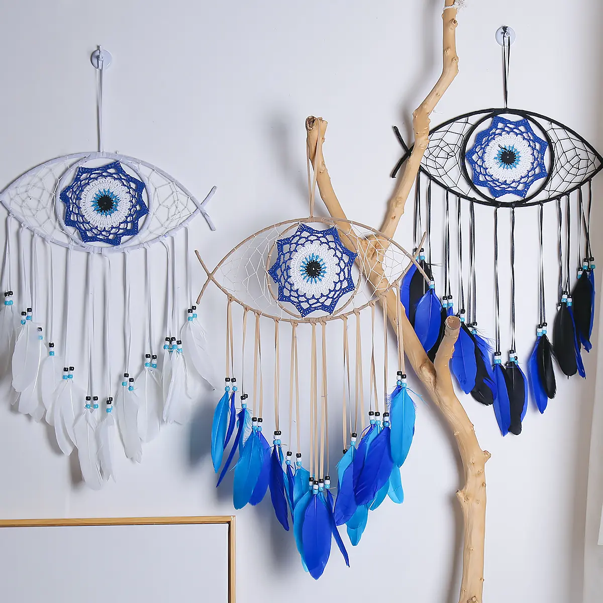 Handcrafted Turkish-Nordic Eye-Shaped Dreamcatcher with Antique Craft & Organic Wood, Bohemian Blue Feather Hanging Wall Decor, 3 Styles for Living Room Decor or Gifting