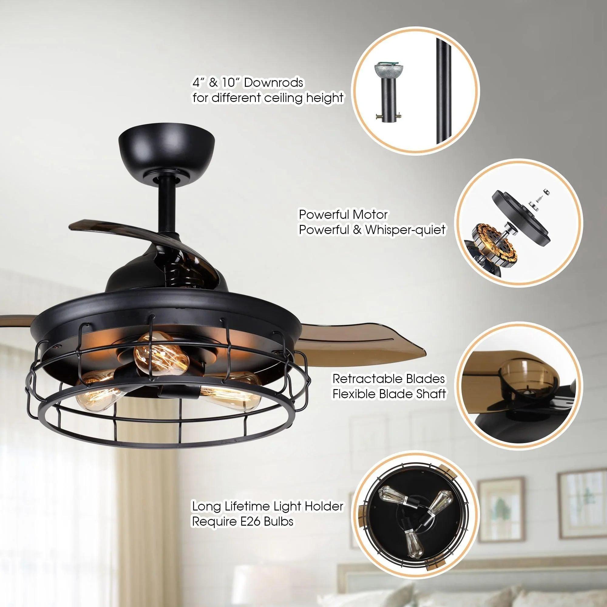 36" Pickett Industrial Ceiling Fan | Downrod Mount, Lighting + Remote Control, Industrial Decor