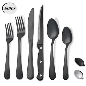 24/48PCS Modern Stainless Steel Cutlery Set with Steak Knives Flatware Set Dishwasher Safe for Home Kitchen Restaurant Parties Beer Festivals Thanksgiving Easter Christmas Weddings Tableware