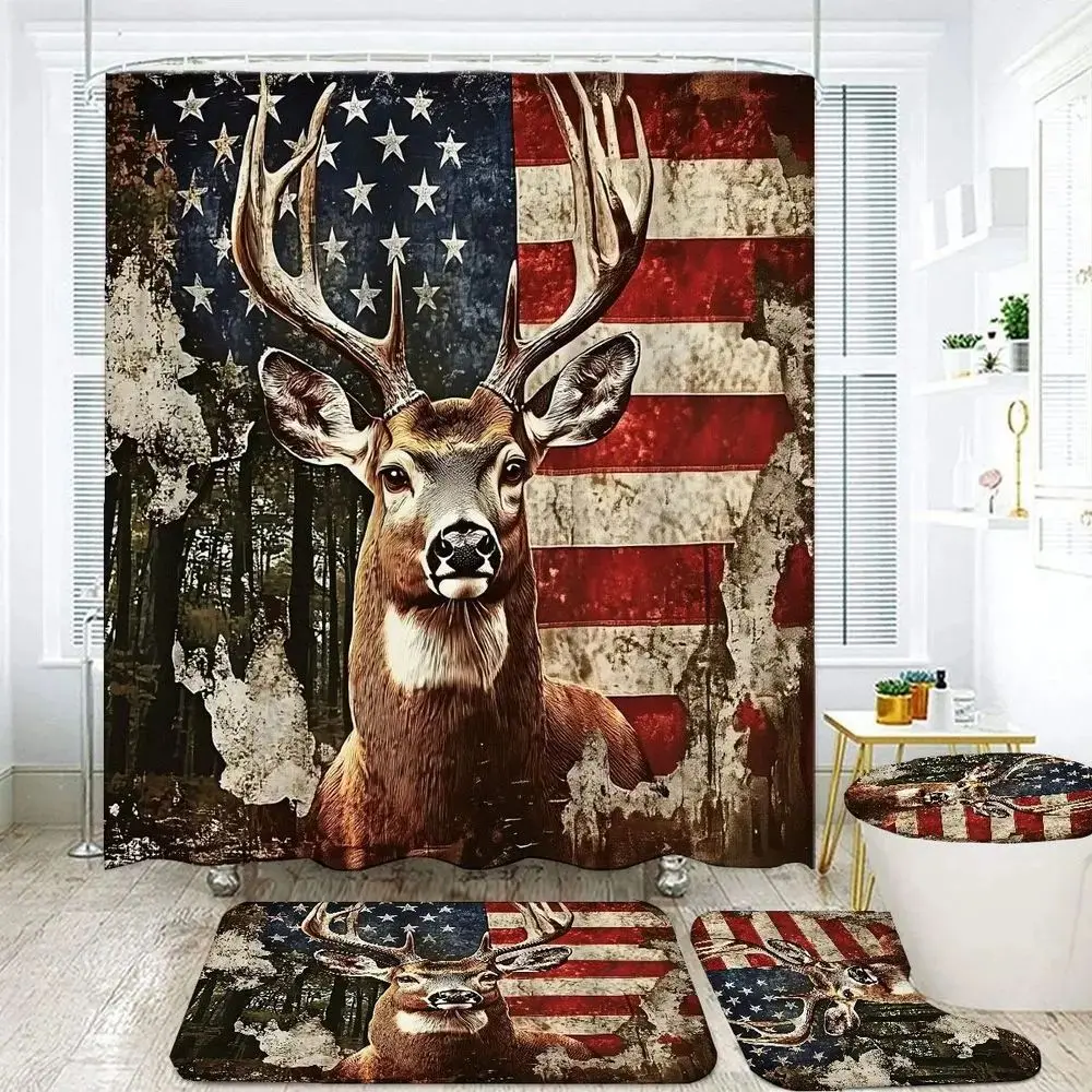 Rustic Patriotic Bathroom Set, Large Shower Curtain with Buck Deer, Distressed American Flag & Forest Scene, Matching 2 Bath Mats + Toilet Seat Cover, Installation Hooks, Outdoor Hunting & USA Themed Decor for Home