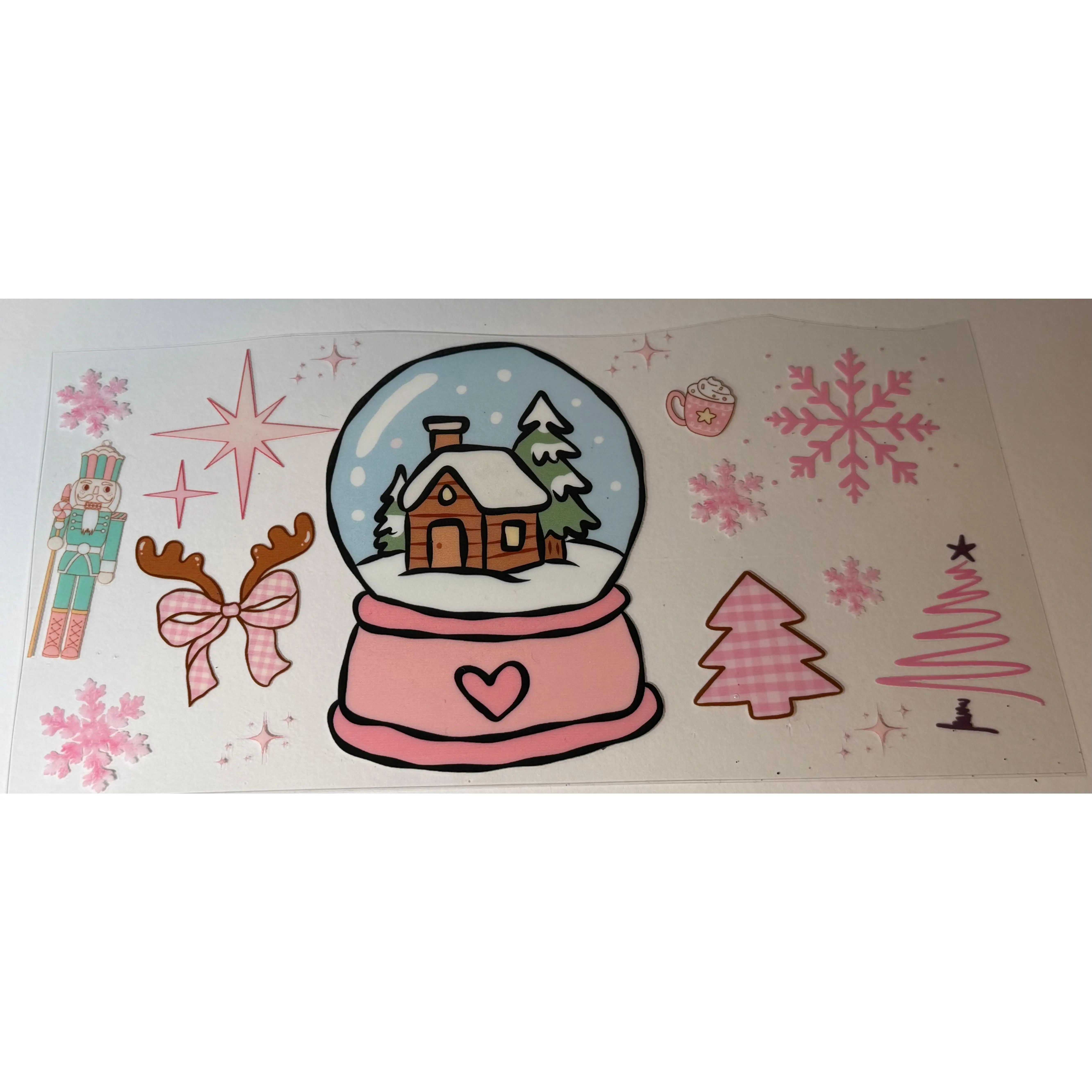 Pink Christmas Snow Globe UV DTF Wrap | Cottage, Nutcracker & Coquette Holiday Tumbler Decal