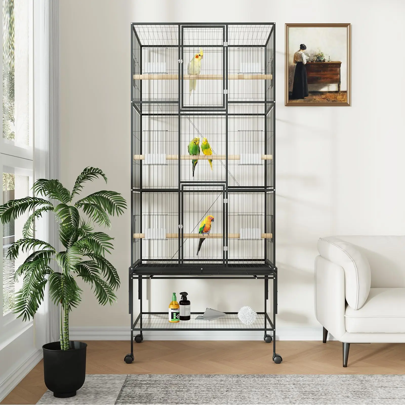 69-Inch Large Metal Parrot Cage with Feeders, Ladders & Perches - Ideal for Budgies, Conures & Cockatiels - Easy Clean Slide-Out Tray & Rolling Stand