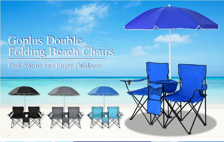 COSTWAY Double Portable Picnic Chairs, Folding Camping Chairs w/Detachable Umbrella, Cooler Bag, Cup Holders, Patio Beach Camping Chairs for Outdoors-Back to School COSTWAY Double Portable Picnic Chairs, Folding Camping Chairs w/Detachable Umbrella, Cooler Bag, Cup Holders, Patio Beach Camping Chairs for Outdoors-Back to School