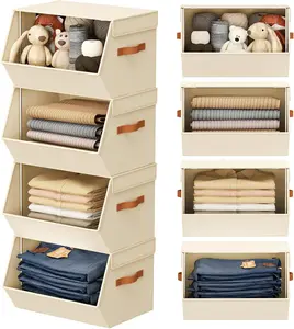 Stackable Closet Organizers and Storage Bins, 4 Pack - Open Front Closet Shelf Organizer System with Steel Frame, Collapsible Fabric Clothes Storage Basket Drawers for Wardrobe, Nursery, Toy