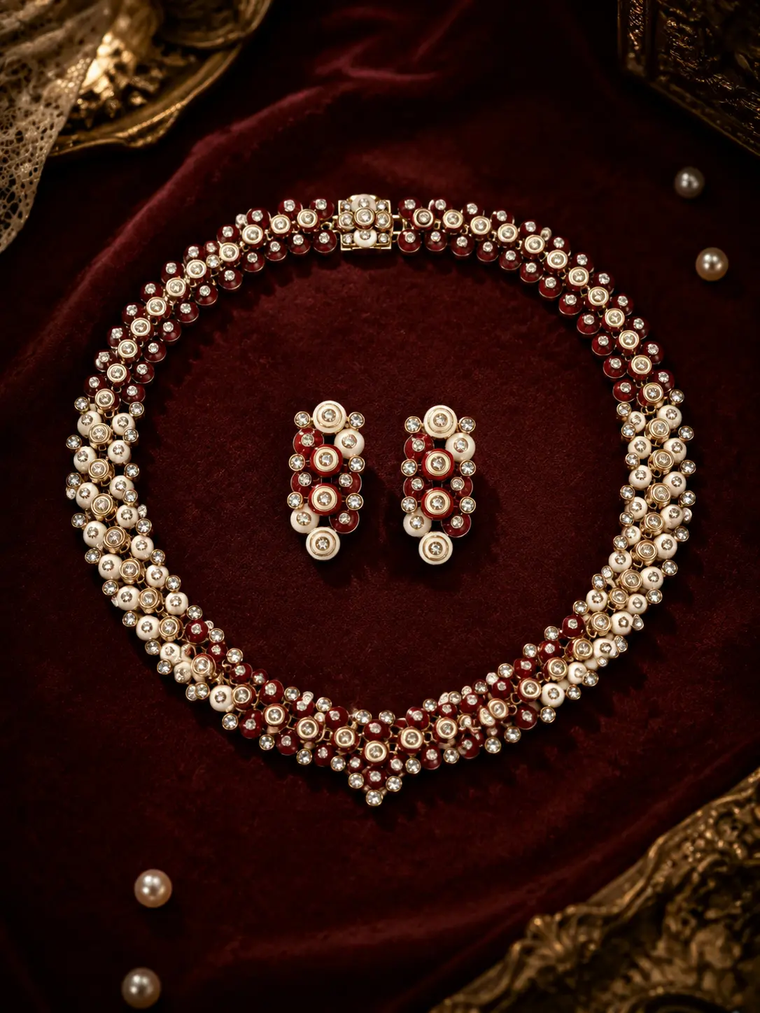 Vintage Red & Cream Beaded Necklace Set – Hypoallergenic, Elegant Layered Design for Special Occasions