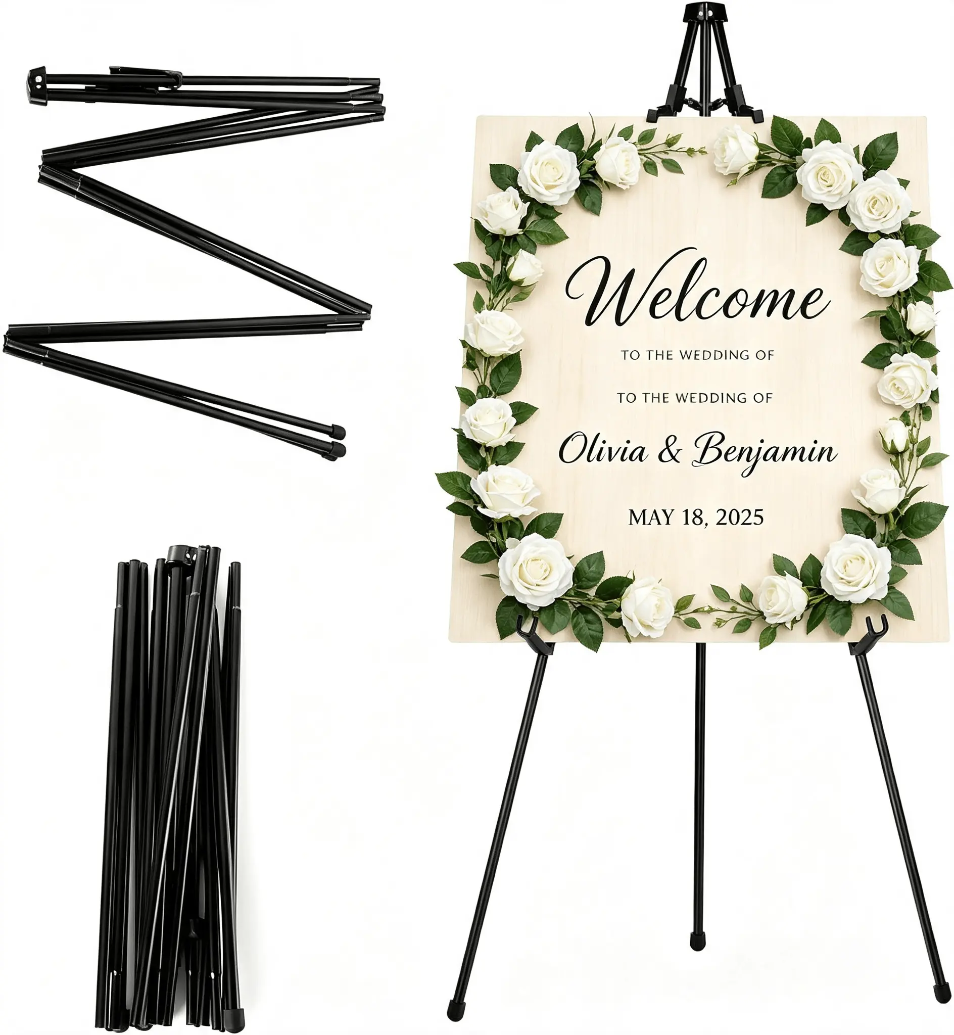 Foldable Metal Tripod Easel Stand,66.14in Adjustable Floor Welcome Sign Holder with Non-Slip Rubber Feet,Portable Display Rack for Wedding Decor,Bridal Shower,Baby Shower,Canvas Painting,Artwork,Photo Board,Indoor Party & Gallery Display,Black White
