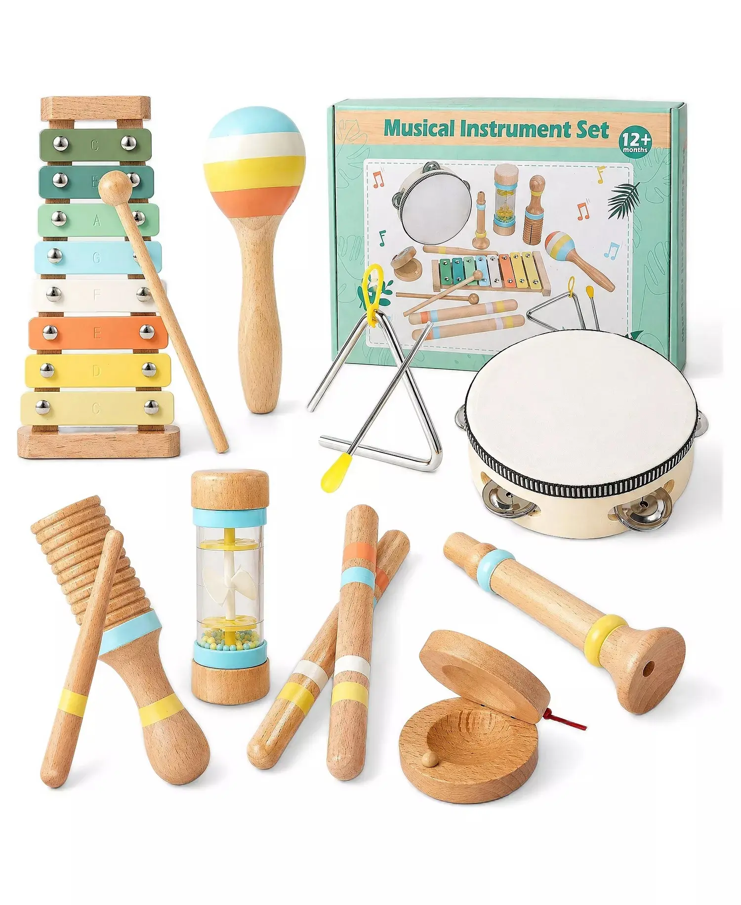 9-Piece Durable Beech Wood Montessori Musical Instrument Set for Ages 1-5, Includes Tambourine, Xylophone, Maracas, Triangle, Castanets, Rainstick, Frog Guiro, Rhythm Sticks, Clarinet