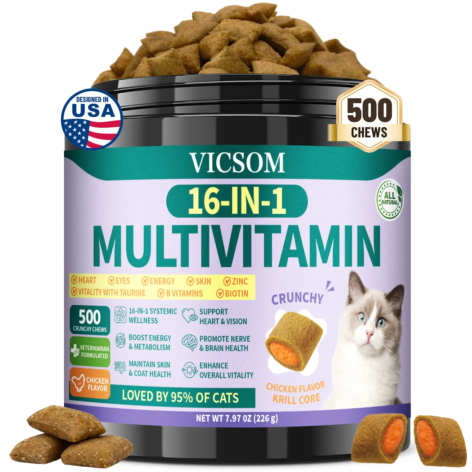 VICSOM 16-in-1 Cat Multivitamin Taurine Supplements, 500 Crunchy Krill Chews for Immune, Joint & Digestion Support, Skin & Coat Health, 90-Day Daily Cat Healthcare Treats