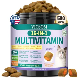 VICSOM 16-in-1 Cat Multivitamin Taurine Supplements, 500 Crunchy Krill Chews for Immune, Joint & Digestion Support, Skin & Coat Health, 90-Day Daily Cat Healthcare Treats