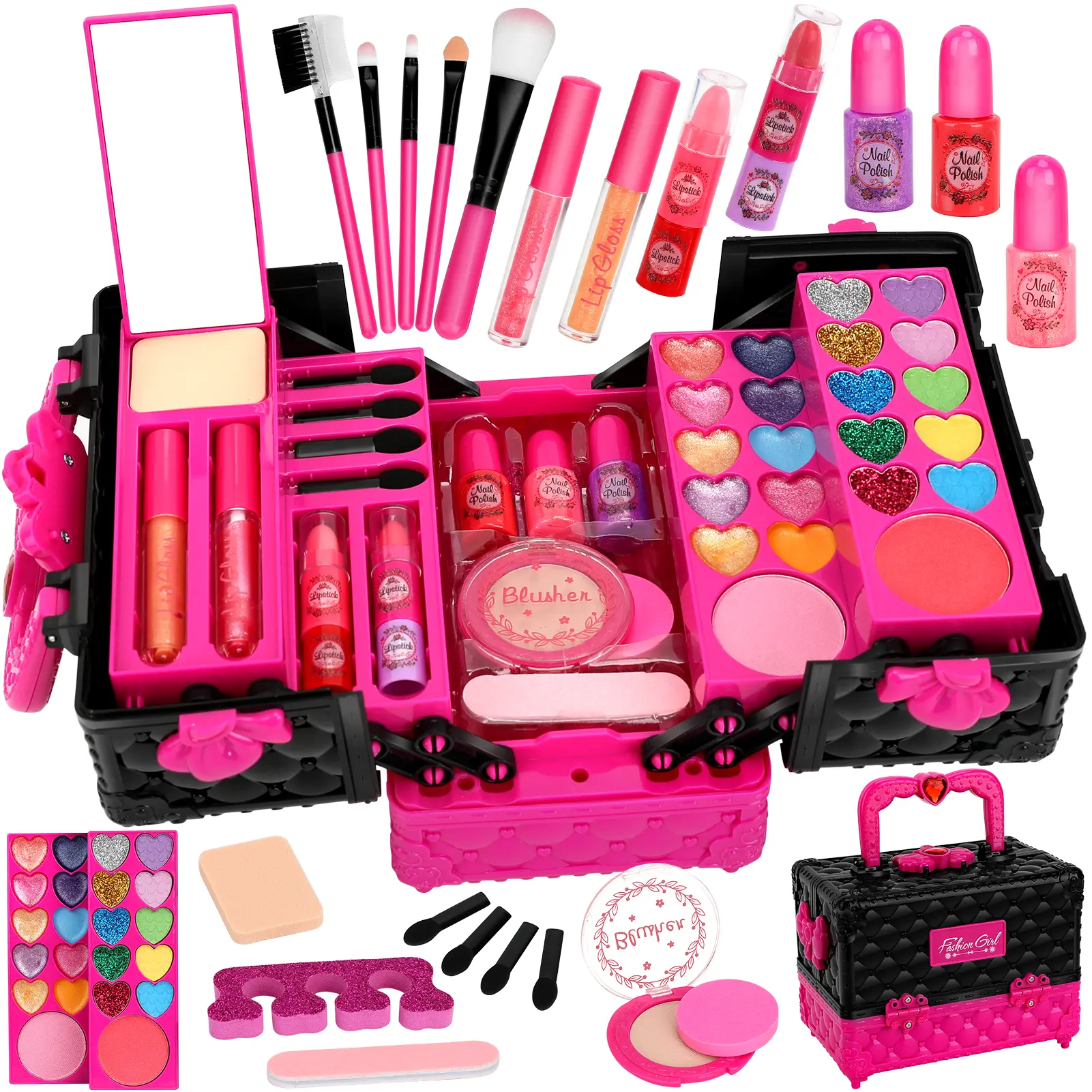 45-Piece Kids Washable Non-Toxic Toy Makeup Playset - Pretend Play Accessories, Small Travel Size, Kid Girl Gifts for 3+ Year Old Girls (Birthday, Christmas)