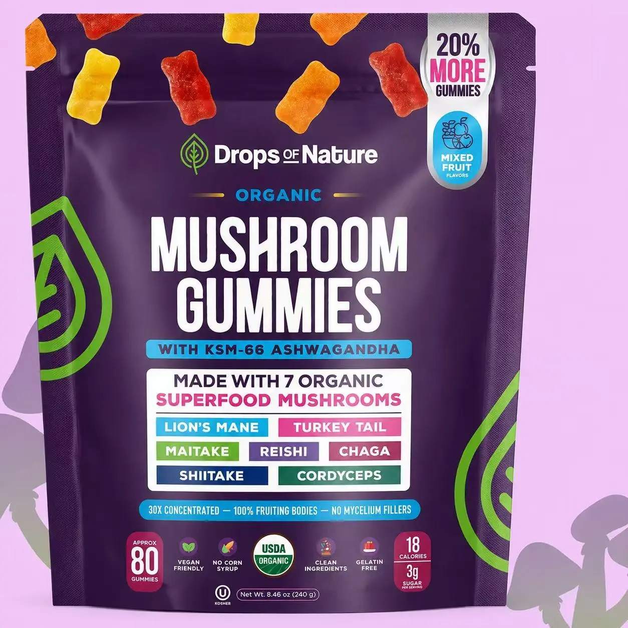 Drops Of Nature Ashwagandha KSM-66 Mushroom Complex Gummies | Reishi, Lion's Mane, Cordyceps, Chaga, Turkey Tail, Maitake, Shiitake Mushroom Supplement | Mixed Fruit Flavor, 80 Chewable Gummies Dietary Natural Fitness Vitamin Edible