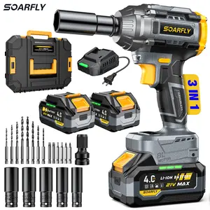 SOARFLY 3-in-1 Multi-Purpose 680NM (510FT-LBS) Cordless lmpact Wrench, 2x 4.0Ah Batteries, Fast Charger, 6 Screwdriver Bit, 8 Drill Bit, 6 Sockets