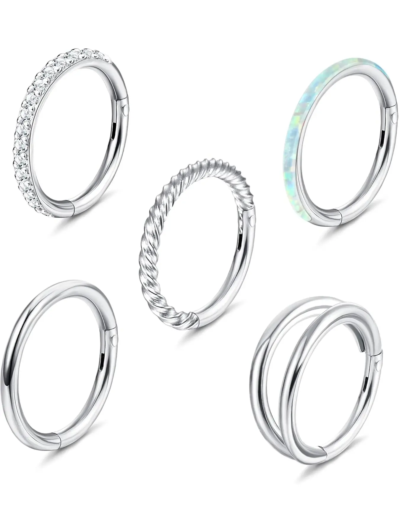 18G 16G Steel Nose Rings Hoop for Women Opal CZ Clicker Hinged Septum Nose Ring Lip Helix Cartilage Hoop Earring Daith Rook Conch Piercing Jewelry for Women 8mm 10mm Helix Pierced Ring