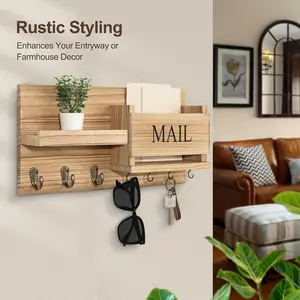 Solid Wood Wall-Mounted Storage Rack with Mailbox Slot, Door Handle & Decorative Hooks - Multifunct