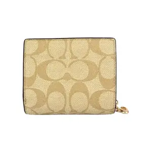 Coach Snap Wallet for Women: Signature Coated Canvas and Smooth Leather with Three Card Slots in Khaki and Saddle Tan