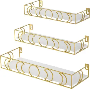 Moon Phase Floating Shelves White Gold Set of 3 Small Decorative Wall Shelves for Book Plant Storage
