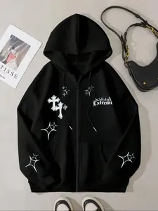 Women's Drawstring Zipper Cardigan, Pocket Design, Star & Cross Print, Casual Loose Fit, Fall Winter Warm Sweatshirt