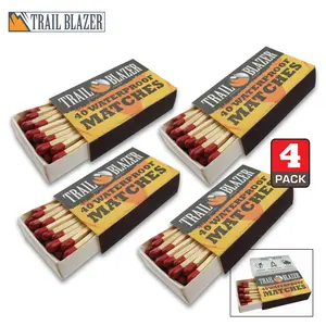 Trailblazer Waterproof Matches 4 Pack | 40 Carbonized Wood Matches per Box | 2" Length