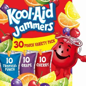 Kool-Aid Jammers Drink, 30 Pouches, for School Lunches and On-the-Go Hydration, Artificially Flavored Tropical Punch, Grape and Cherry Flavors, 6 fl oz