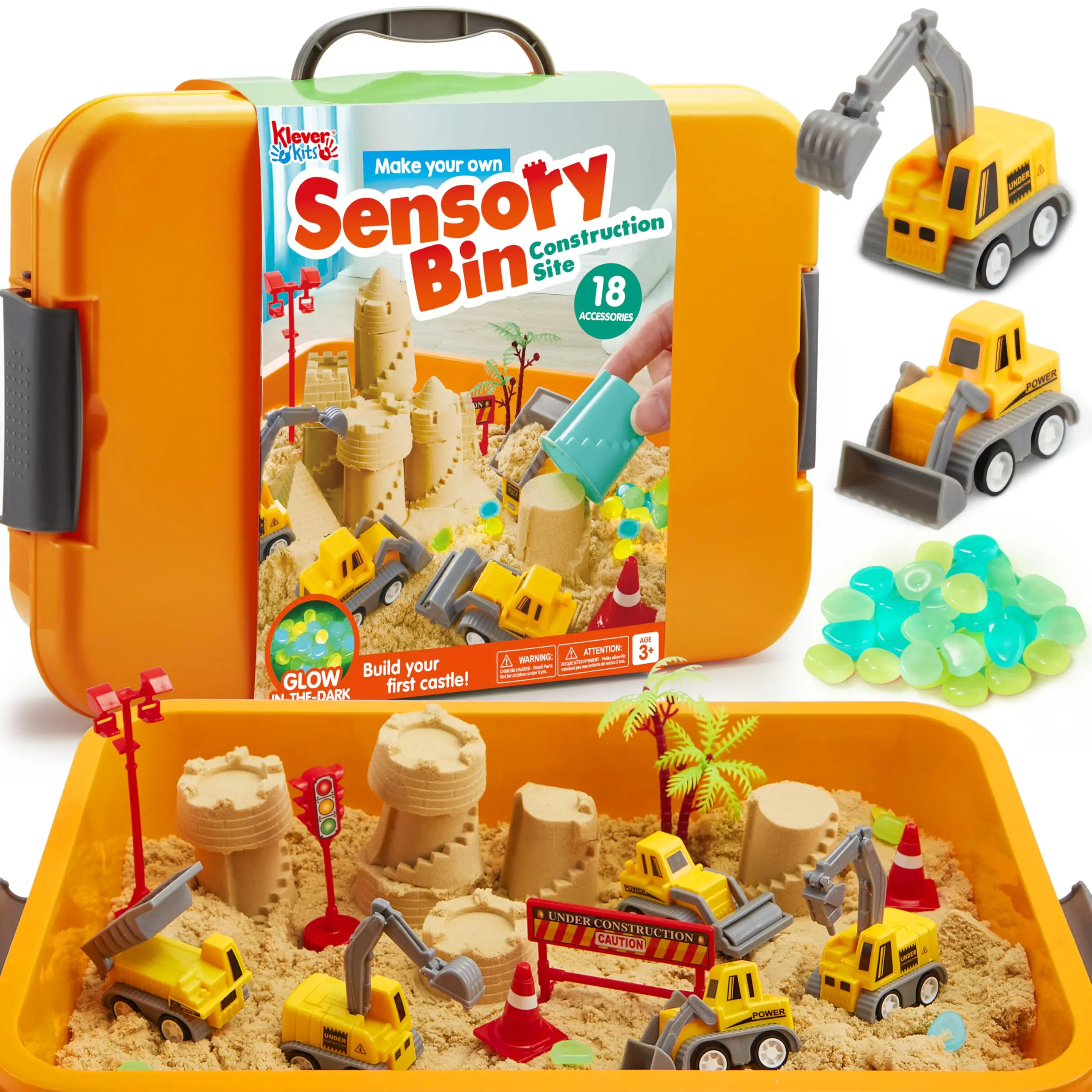 Klever Kits Construction Sensory Bin for Toddlers with Glow in The Dark Stones, Sandbox with Lid Castle Building kit, Preschool Learning Activities Gifts for Boys Girls Age 3,outer space/pet/ Dinosaur