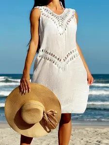 Women's Solid Color Hollow Out Crochet Cover Up Dress, Casual Boho Style Sleeveless Cover Up Dress for Beach Holiday Vacation, Ladies Clothes for All Seasons Beach Cover Ups, Crochet Swimsuit Cover