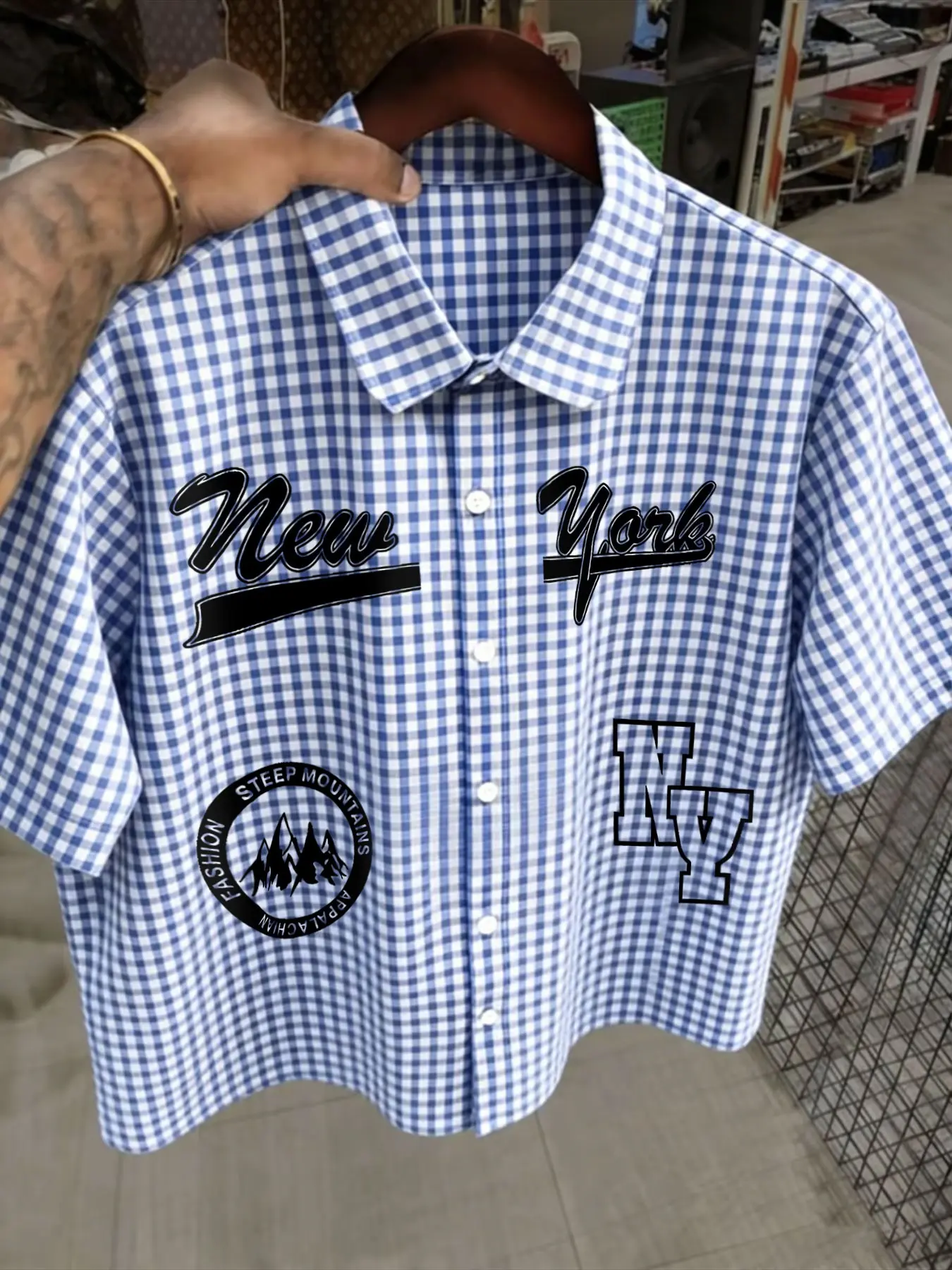 American Vintage Style New York Gingham Checkered Plaid Shirt, Loose Fit Short Sleeve, Casual College Wind Vibe, Versatile Streetwear Top, Menswear, Comfortable Daily Wear
