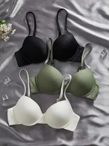 Women's Push-Up Bra Set, Plain Design, Fitted & Moderate Support, Casual Style, Lined Comfortable Daily Underwear for All Seasons, Everyday Womenswear