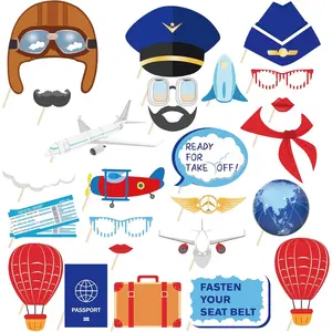 25 count  Airplane Photo Booth Props with Stick, Travel Theme Selfie Props, Captain Aviation Birthday Party Supplies, Adventure Begin Photography Backdrop Decorations