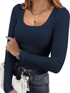 Women's Long Sleeve Top, Casual Everyday Scoop Neck Design, Ribbed Knit Material, Slim Fit Style, Basic Tees & Spring Essentials