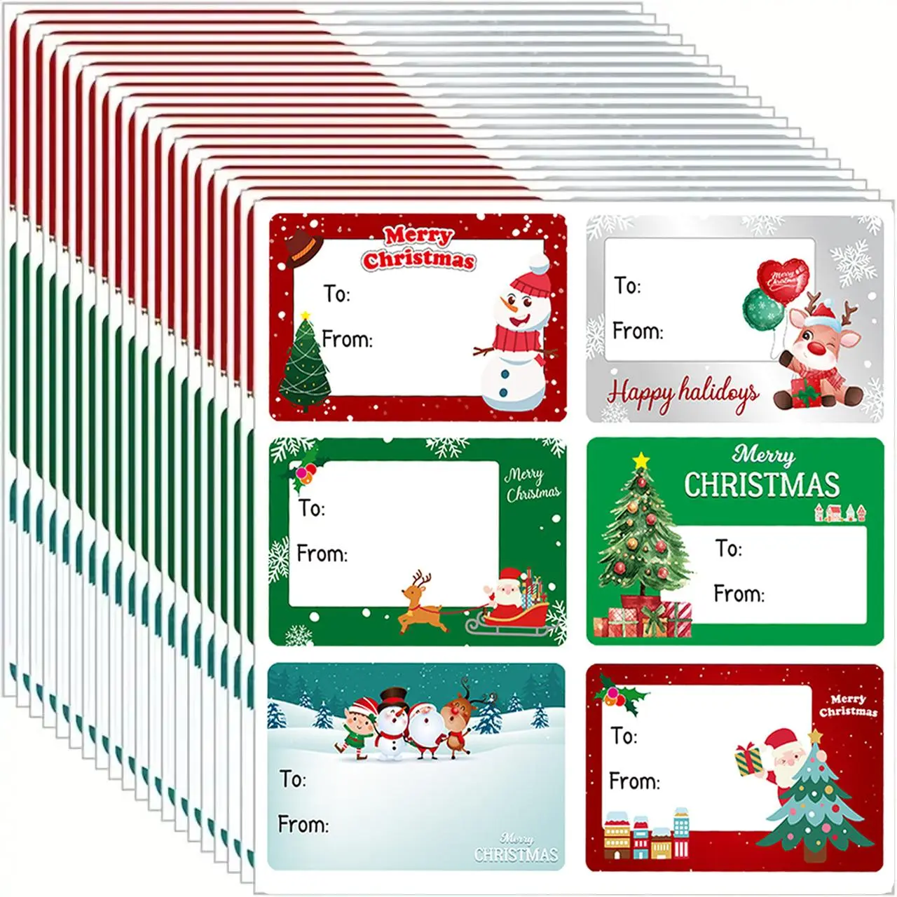 90pcs/15 Sheets Self-Adhesive Christmas Gift Tags – 6 Festive Designs | Smooth Surface Sticker Labels for DIY Holiday Gift Wrapping, Xmas Party Supplies & Creative Gift Packaging