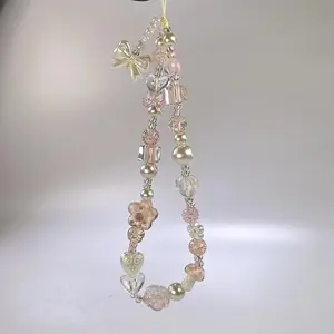 Cute Glass Bowknot Flower Bead Phone Strap Charm Chain Knot Cellphone Lanyard Keychain Girl Bag Camera Pendant for Airpods Case