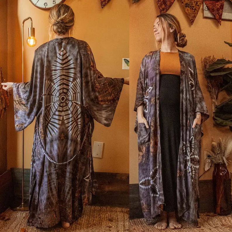 Organic Boho Chic Moondance Hand Dyed Duster Kimono, Open Front Tie Dye Cardigan, Hippie Flower Kimono Robe Jacket, Gift for her, Handmade