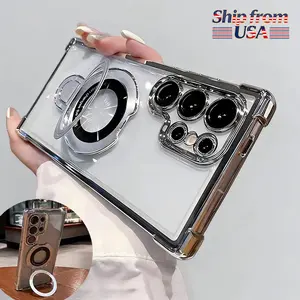 2026 Fashion Fundas Movil Transparent TPU Phone Case with Magnetic Bracket Stand for Samsung Galaxy S26 Ultra S25 S24 S23 S22 Edge FE Plus Shockproof Airbag Corner Electroplate Soft Protective Cover