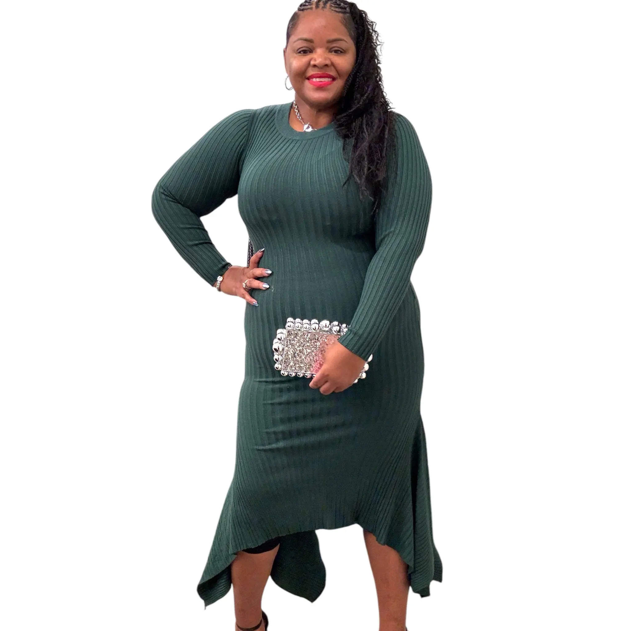 Women's Plus Size Ribbed Long Sleeve Polyester Stretchy Bodycon Maxi Dress - Casual, Chic, Comfortable Fit, Green, Versatile for Daily Occasions