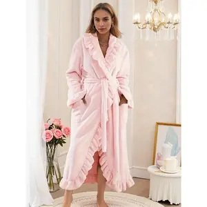 Women's Elegant Long Sleeve Bathrobe, French Warm Robe with Pockets, Fall & Winter Thick Fitted Homewear Fluffy Pajamas Soft Casual Pajamas