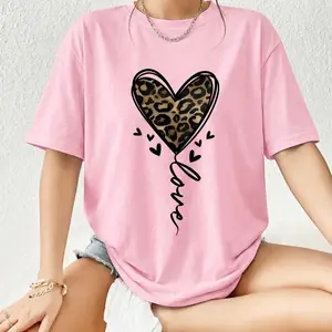 Leopard Print Heart T-Shirt Vertical Love Script Graphic Tee Cheetah Animal Print Southern Aesthetic Boho Casual Top Mom Aunt Gift Apparel