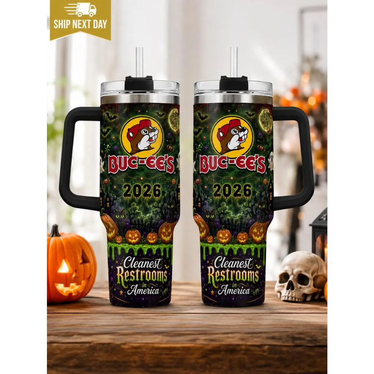Buc-ee’s 40oz Halloween Tumbler, Spooky Pumpkin Black Cat Tumbler With Handle and Straw, Texas Halloween Cup, Gift for Her