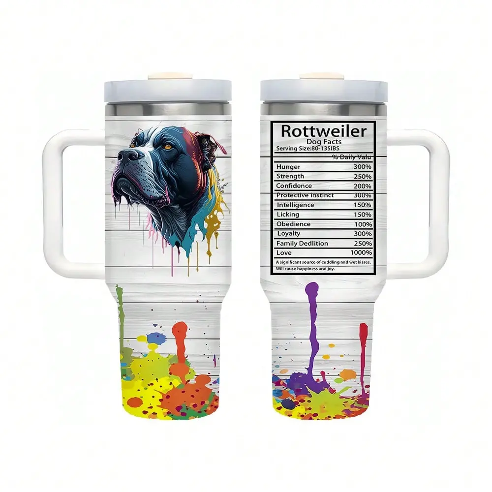 40 Oz Rottweiler Dog Tumbler With Handle And Straw Lid - Stainless Steel Insulated Travel Mug, Watercolor Rottweiler Nutritional Facts Coffee Cup For Dog Lovers, Keeps Cold/Hot