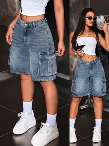Y2K Denim Jorts Women Low-Waisted Wide-Leg Cargo Bermuda Shorts with Functional Pockets Vintage Washed Denim for Summer Streetwear Fashion