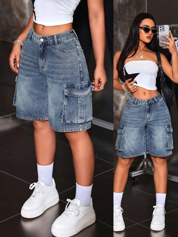 Y2K Denim Jorts Women Low-Waisted Wide-Leg Cargo Bermuda Shorts with Functional Pockets Vintage Washed Denim for Summer Streetwear Fashion