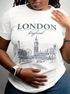 'London City' Comfortable Graphic Tee Vintage London Skyline Art Print Casual Daily Streetwear Soft Lightweight Short Sleeve Crew Neck Tops Fashion Aesthetic Outfit for Women Men Travel Vacation Street Style Gift Idea for Friends Family Trendy Cute Retro